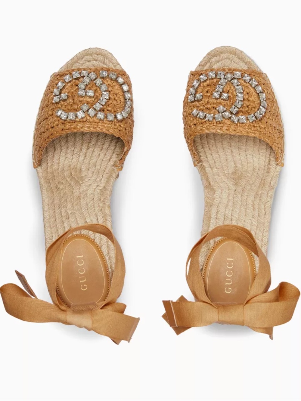 Gucci Crystal GG Raffia Espadrille Wedge Sandals